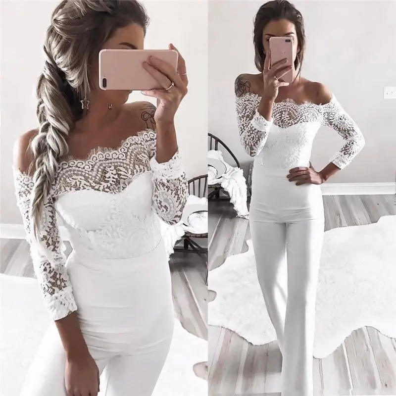 

UK STOCK Women Lace Sleeve Playsuit Jumpsuit Romper Long Trousers Pants Clubwear
