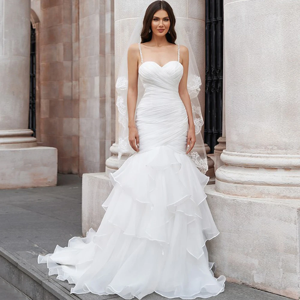 

Elegant Mermaid Weddding Dresses Sweetheart Spaghetti Straps Backless Ruffles Pleat Bridal Gowns 2021 Vestido De Noiva