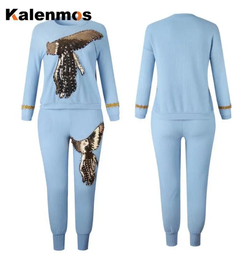 

KALENMOS Africa Women Autumn Winter Beading Sequined Pattern Long Sleeve Pullover Tops Trousers Sexy Two Pieces Suits Sweatsuit