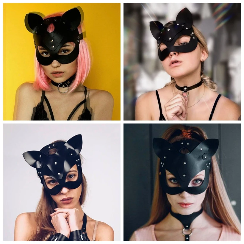 Сексуальная кожаная кошачья маска для женщин Фетиш кошачья голова черный глаз маска для хеллоуина и карнавала Вечерние Маски Женщина-кошка косплей маска для лица