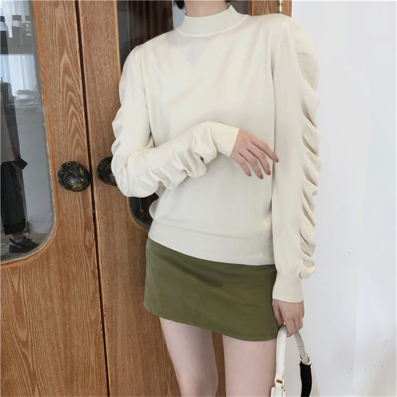 Chic Half-turtleneck Women Sweater Fashion Pleated Sleeve Female Knitting Tops 2019 Autumn Winter Jumpers femme | Женская одежда