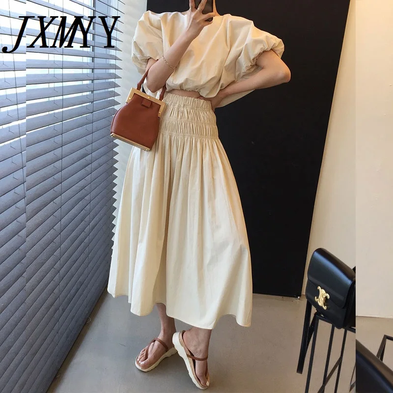 

JXMYY Chic 2021 Summer Loose Hot Vintage Sweet Brief Blouses+New Loose Thin A-Line Solid Skirts All Match Two Piece Sets