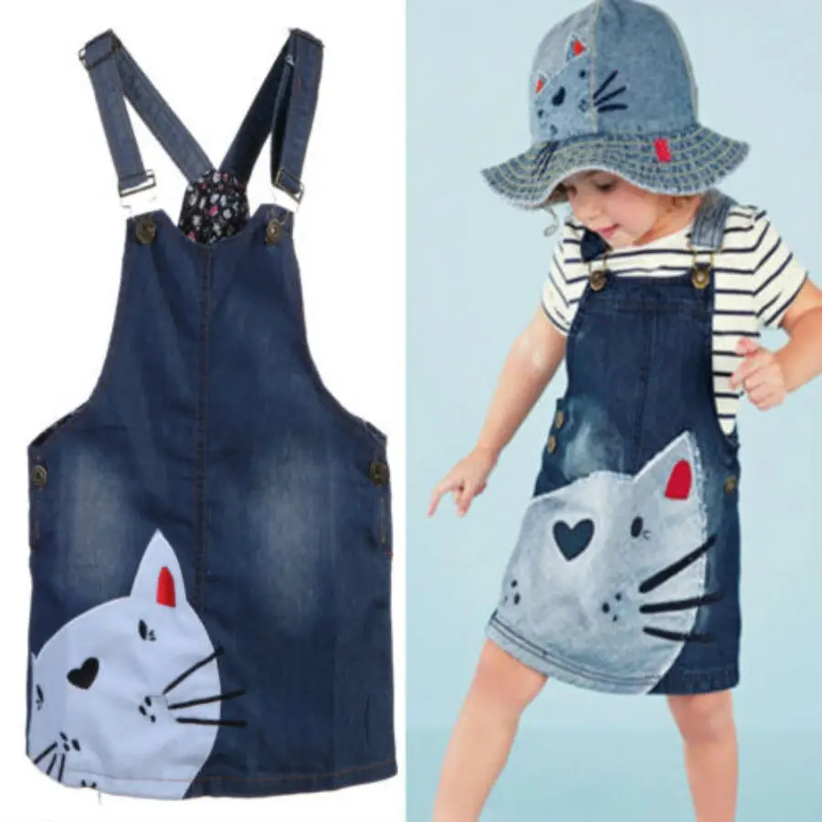 

Baby Girls Kids Cat Denim Overalls Dresses Skirts Braces Skirt Clothes 2-7Y