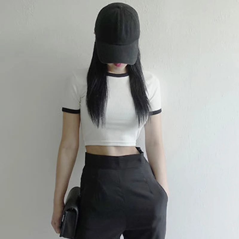 Женский укороченный топ с коротким рукавом облегающий пуловер круглым вырезом