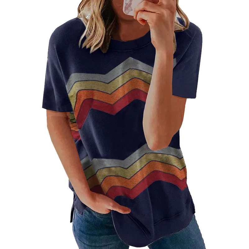 

Women's T-Shirt Top Spring and Summer New Round Neck Short-Sleeved Printed T-Shirt Split Top Women