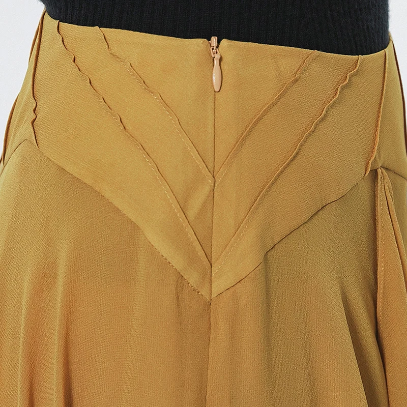 

VOA Georgette Brown Natural Waist Stitching Three-dimensional Loose-leaf Decoration Double-layer Loose Wide-leg Trousers KE519