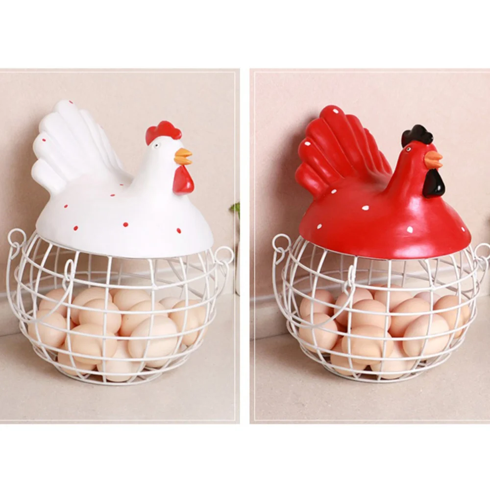 

1PC Creative Iron Art Eggs Storage Basket Chicken Shape Egg Holder Household Fruit Container (Red)