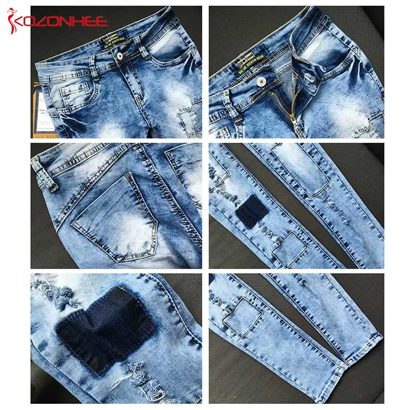 

Casual Hole Patch Pencil Women Jeans With Mid Waist elasticity Ripped Female Stretch Blue Ankle-Length Denim Pants T49
