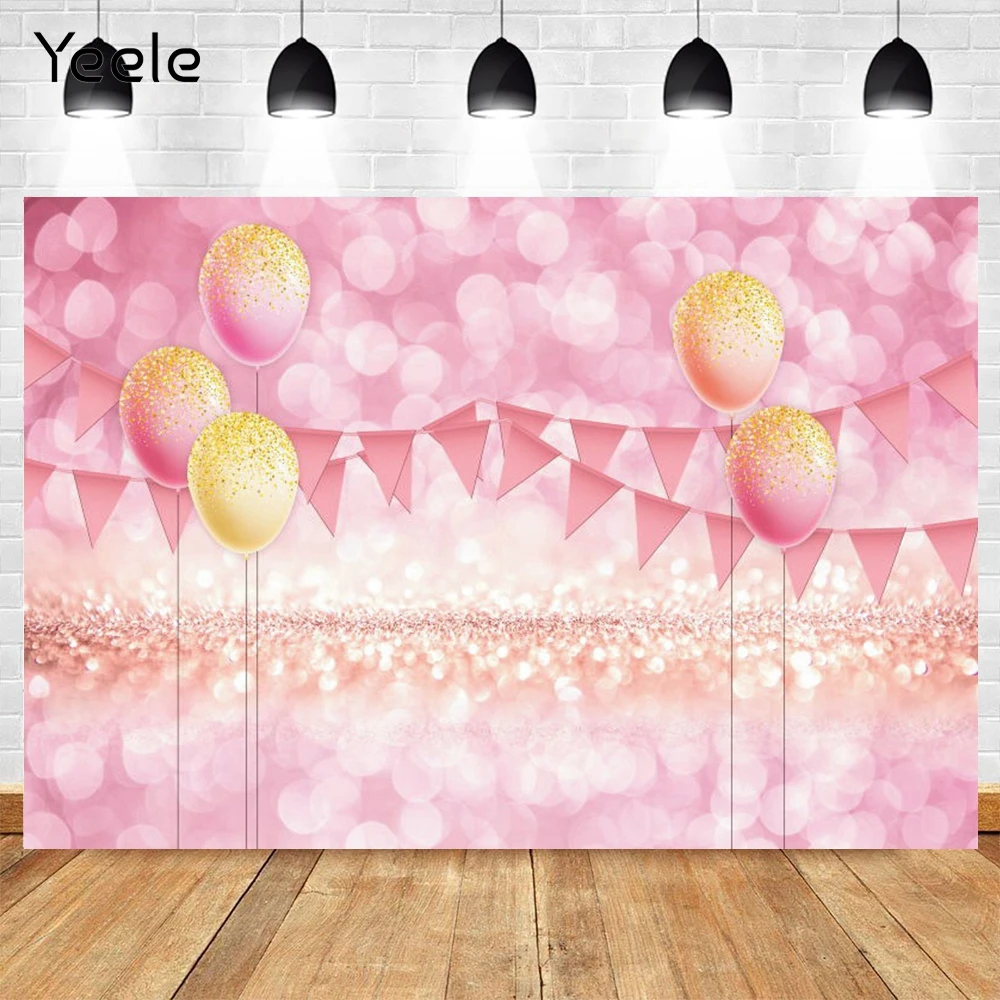 

Yeele Bright Background Pink Halo Pennant Backdrop Yellow Balloon Golden Glitter Photography Photophone For Photo Studio
