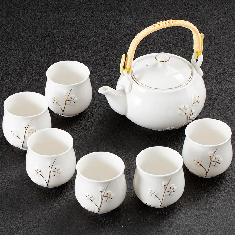 High Quality White Porcelain With Gold Embossed Plum Blossom Tea Set Ceramics Tea Set Household Kung Fu Tea Chinese Teapot Gift
