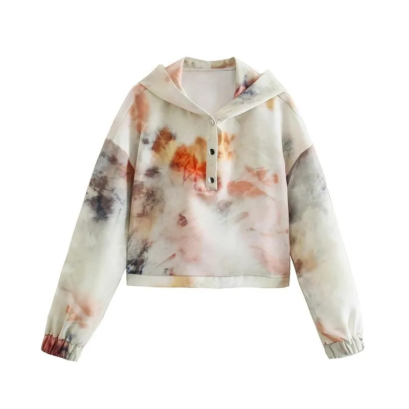 

Женские короткие толстовки с капюшоном и принтом «Tie-dye» 2021, женские пуловеры больших размеров, куртки с карманами, топы с капюшоном