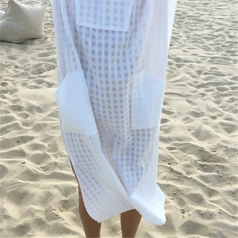 

2021 White Plaid Swimsuit cover up Beach Tunic Sarong Robe de Plage Beachwear kaftans long Beach Dress Womens Swim Wear