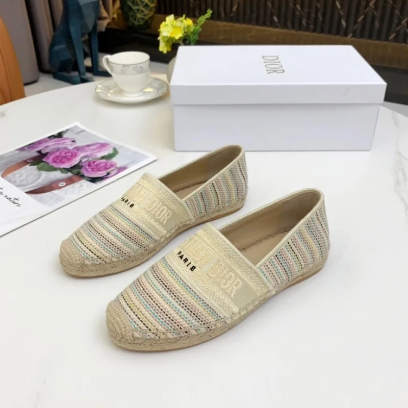 

Spring and Summer Fashion 2021 New Women's Canvas Embroided Jacquard Splice Straw Low Top Flats Female Loafers Fisherman Shoes