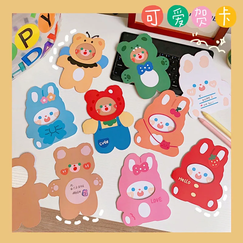 

5Pcs Kawaii Cartoon Bear Rabbit Animals Whishing Card Birthday Greeting Card Lovely gifts for kids Christmas New Year Post Card
