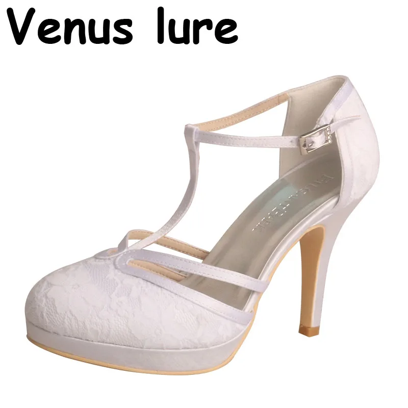 

10CM High Heeled White Lace Shoes for Women Wedding Round Toe Size 8