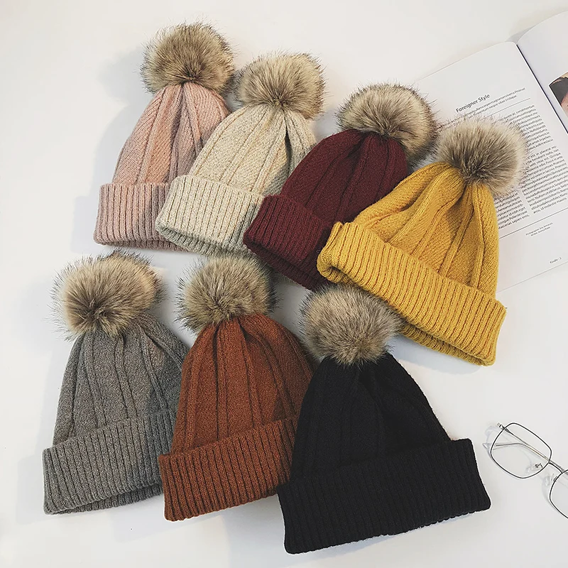 

Woolen Cap Women's Winter Fashion Simple All-Match Furry Ball Warm Knitted Student Korean Style Pullover Beanie Hat