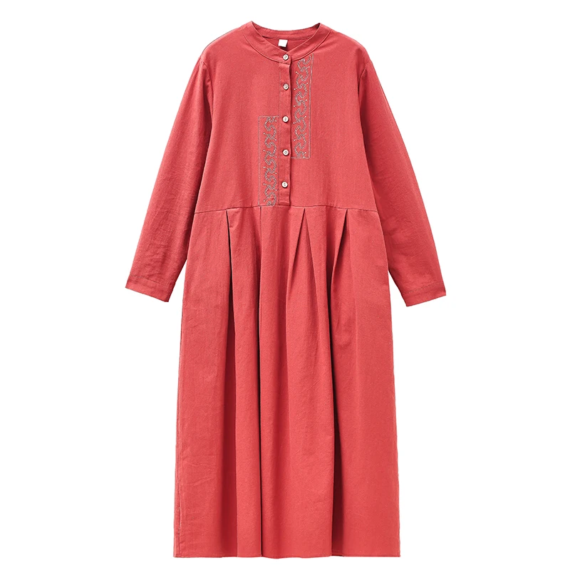 

COIGARSAM Casual Full Sleeve Women dress New Spring Cotton Linen Embroidery Loose Dresses Red Navy 8510