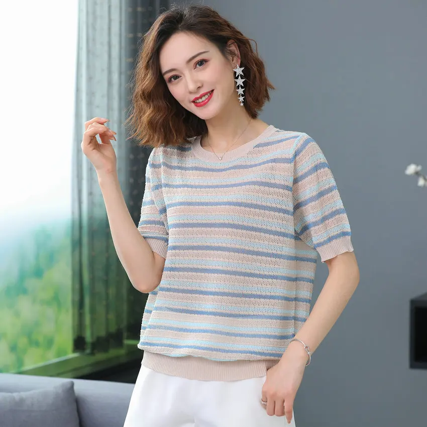 

Red Blue Stripe Linen Blouses Women Spring Summer Round Collar Short Sleeve Skin Friendly Top Ladies Classy Braided Garment 2021