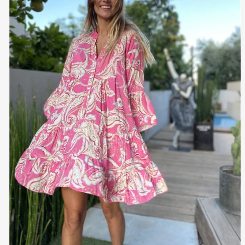

Beach Party Mini Dress 2021 New Boho Printed Casual Flared Sleeve Pleated Dresses Big Swing Loose Dress V-Neck Women Vestidos