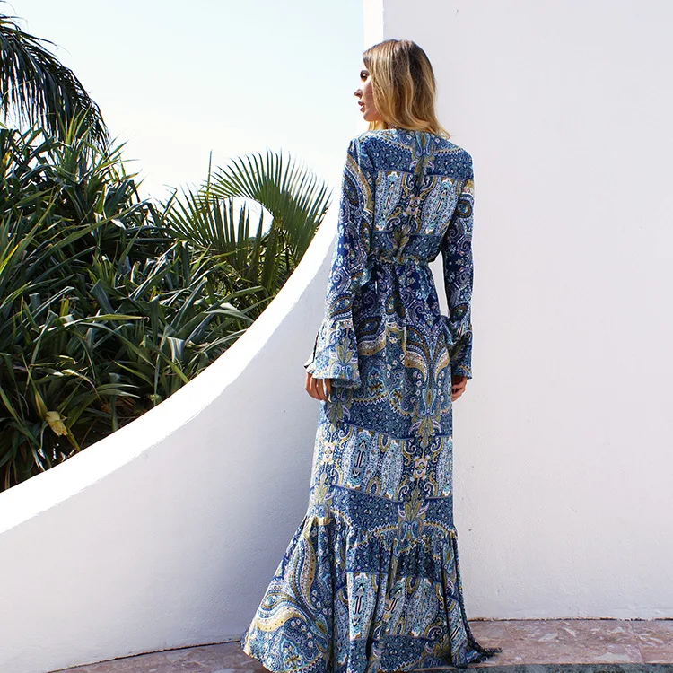 

European and American Women's Clothing Long Sleeve Bohemian Maxi Dress Beach Cover Dress