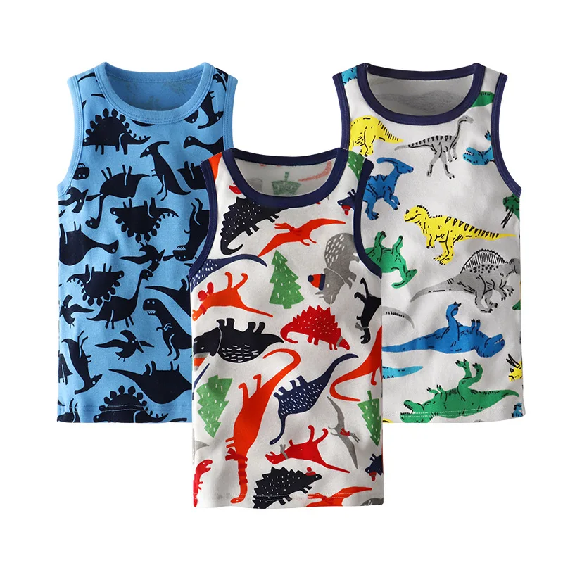 

Boy Girl Sleeveless T-shirt Cartoon Dinosaur Mermaid Cotton 3Pcs Vest Set Summer Children Kids Clothing