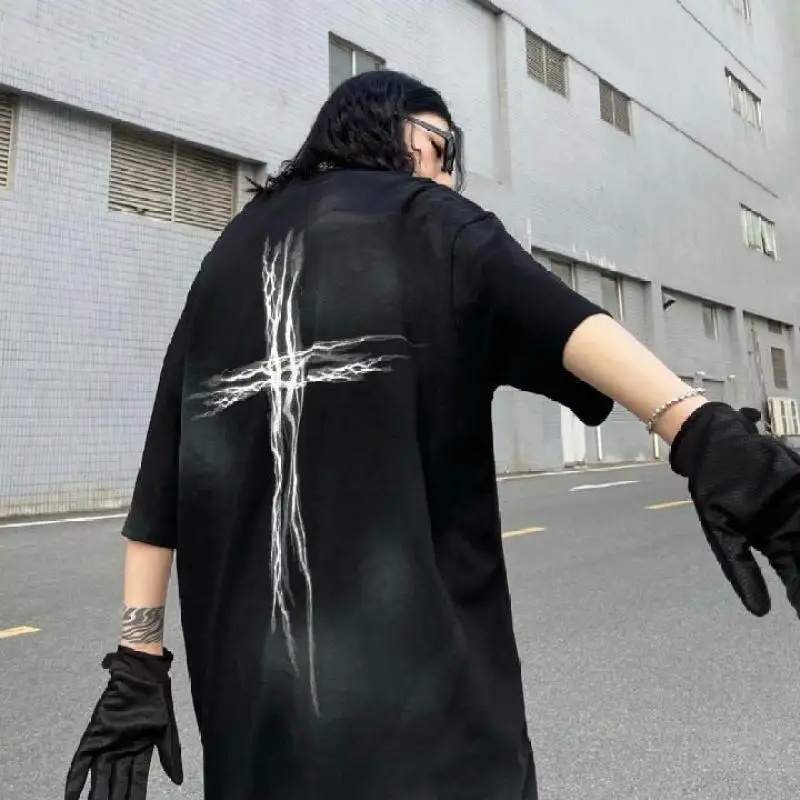 

Hip Hop Street Women's T-Shirt Summer Large Cross Print TShirt Medium Length Loose Versatile Half Sleeve Tees 2021 New TS070