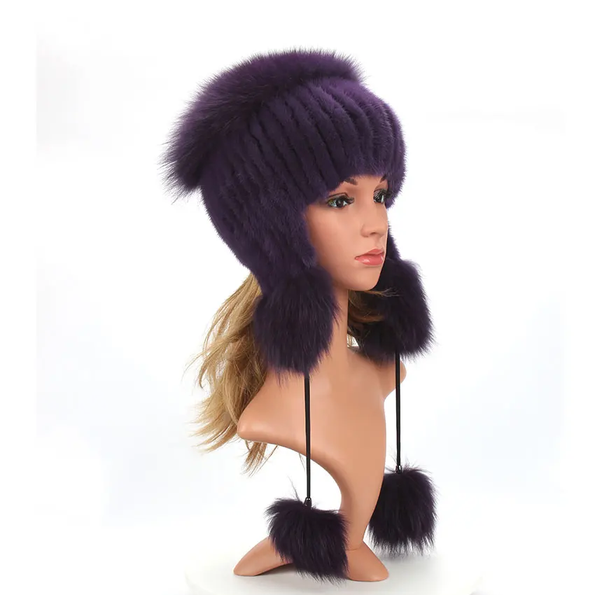 Women Winter Real Mink Fur hat Elastic Knitted With Fox Fur Pompom Cap Female Russian Warm Beanies Hat With Ear Warmer Ear Flaps