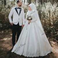 modest muslim long sleeve wedding dresses 2021 high neck ball gown lace wedding dress arabic turkey garden country wedding gowns
