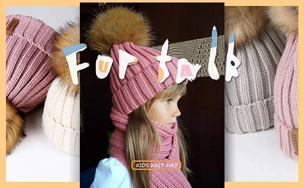 FURTALK Зимний Комплект Шапка и Шарф для детей Трикотажные Меховые Детские Шапки и Шарфы с Помпонами подарки на год 1-10 лет