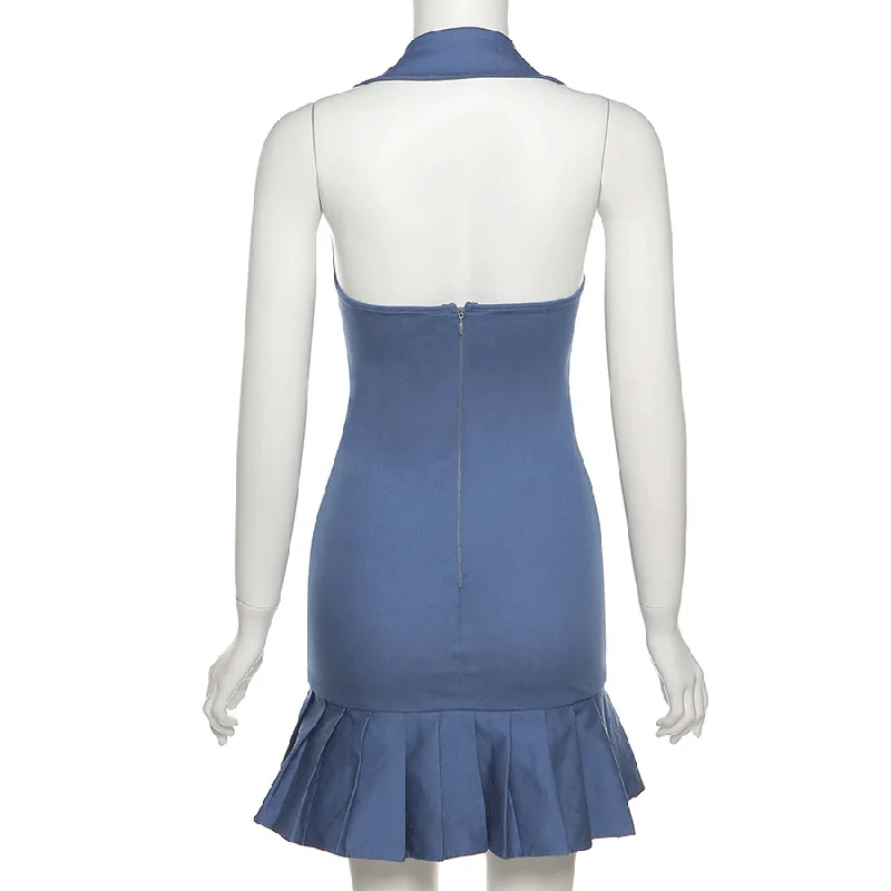 

Summer Women's New Sexy Hanging Neck V-neck Halter Back Slimming Temperament Arm-wrapped Solid Color Sleeveless Ruffled Dress