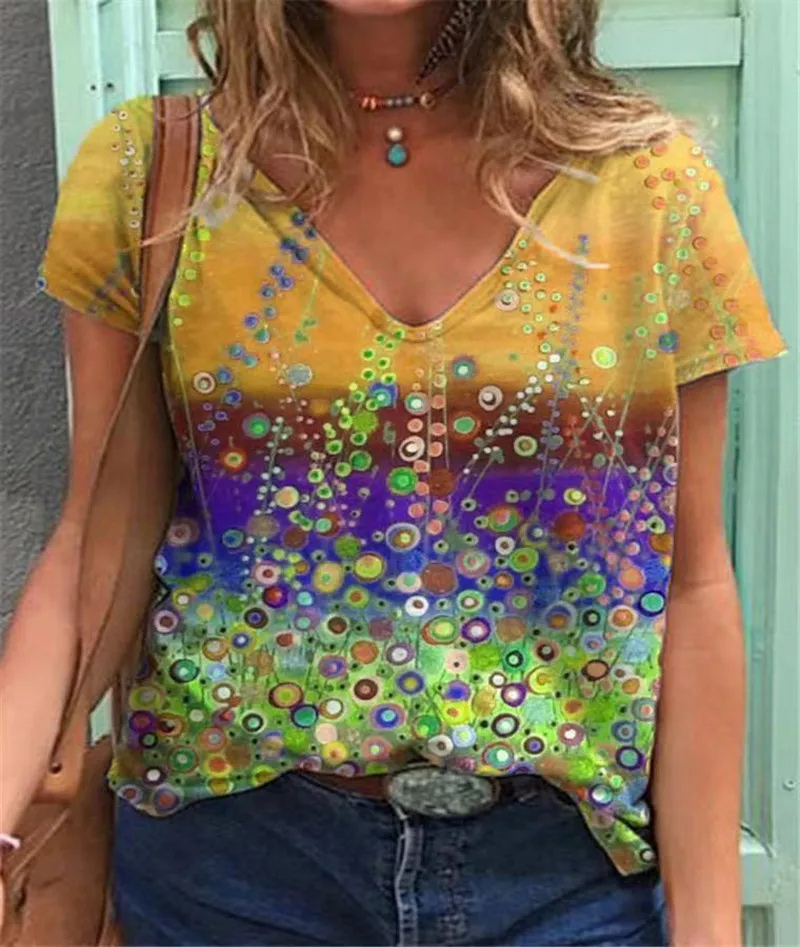

Tie-dye Print Summer T shirt Women Tops 2021 New Fashion Short Sleeve V-neck Loose Female Tee Streetwear Casual Tshirt Plus Size
