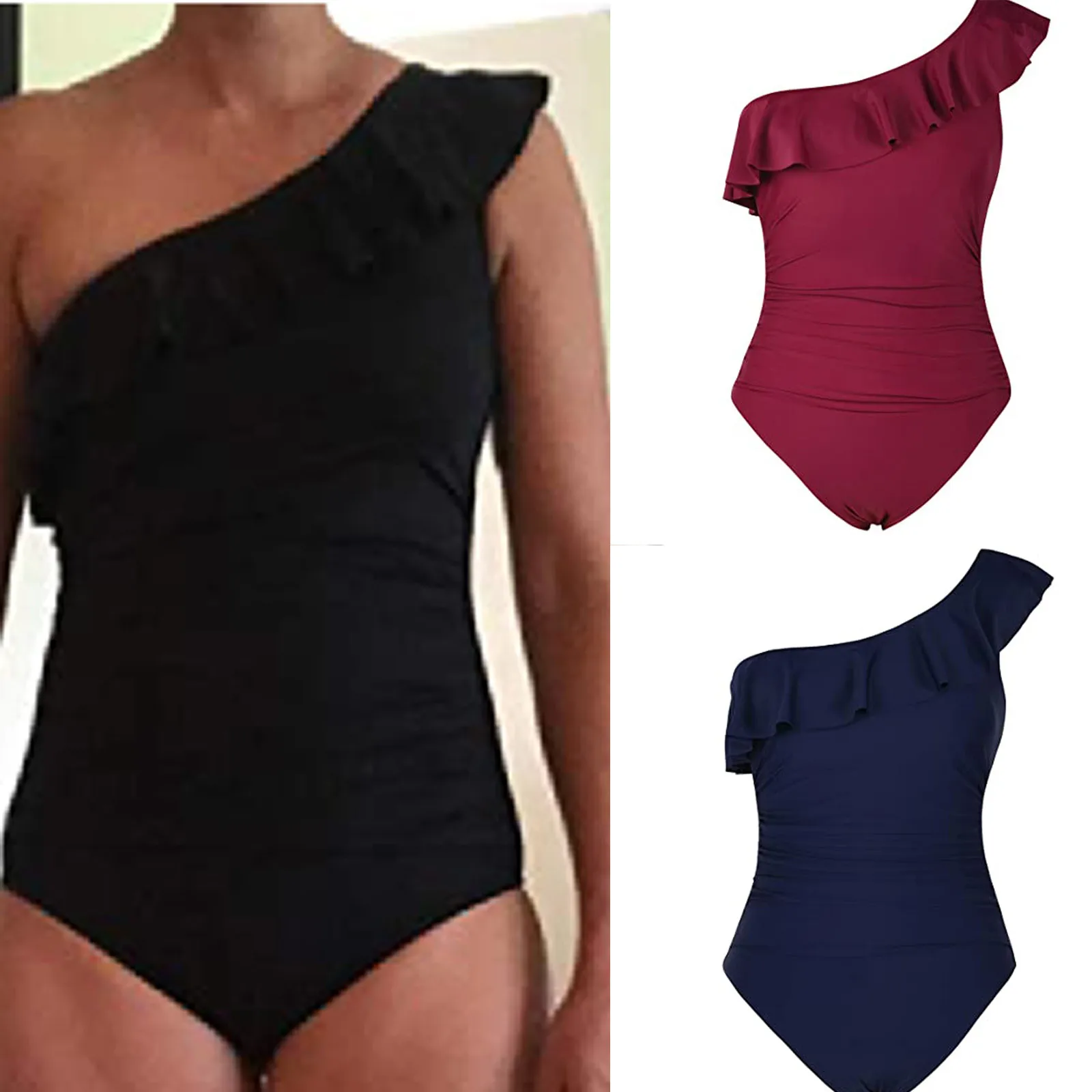 

Swimsuits One Shoulder Asymmetric Ruffle Beachwear Solid One-Piece Swimsuit brazilian bikini кђпалники женские 2021