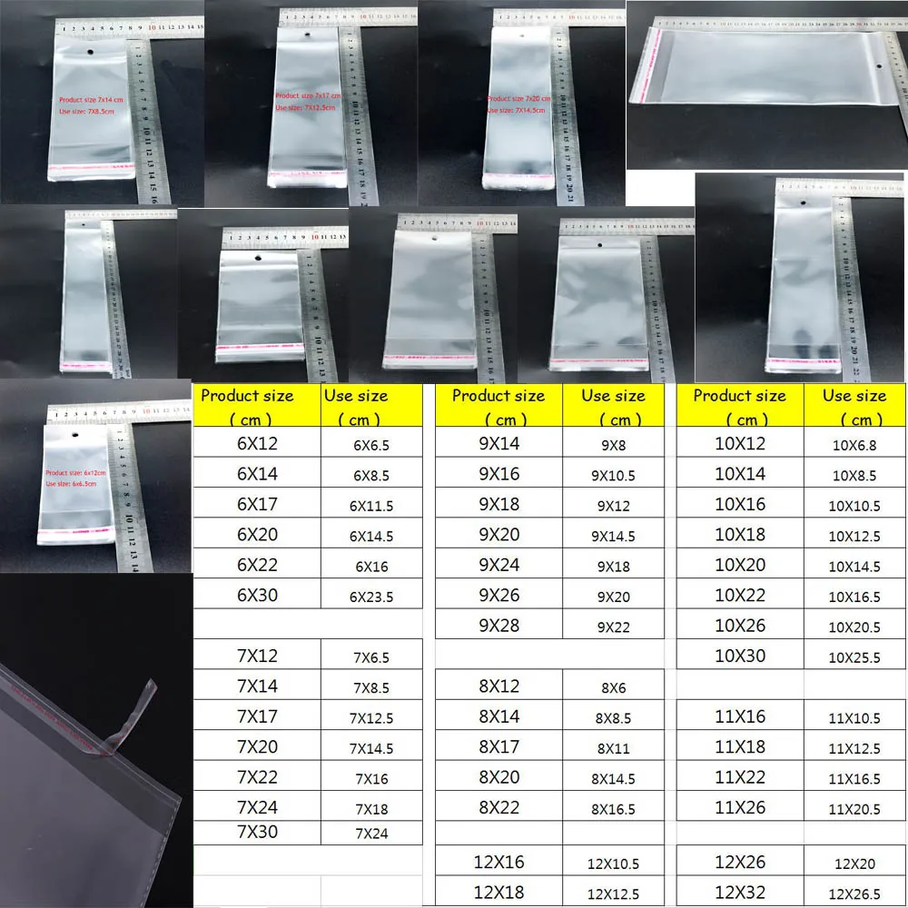

200Pcs/Lot 11x22cm 4.3"X8.6" Clear Self Adhesive Seal Plastic Bag Pouch Party OPP Packing Storage Bags Hang Hole