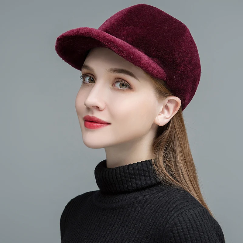 

NH Women's Fur Hats Real Sheep Shearing Caps Cotton Lining Warm In Winter Fashion Black Wool Visors New Arrival MZW023