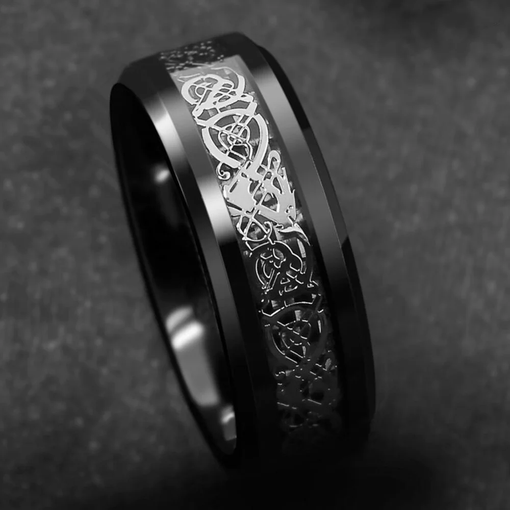 Фото Черные модные мужские кольца 8 мм из нержавеющей стали с рисунком дракона для