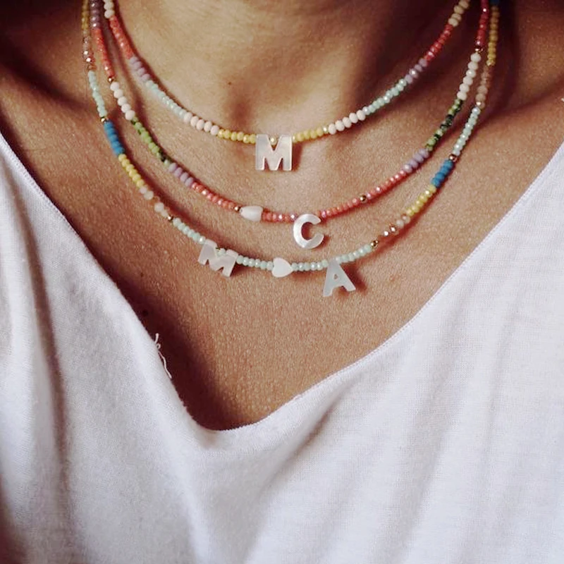 

Fashion Shell Letter Color Crystal Beaded Necklace for Women Bohemian Personalized Jewelry Gift Letter Choker Wild бижутерия