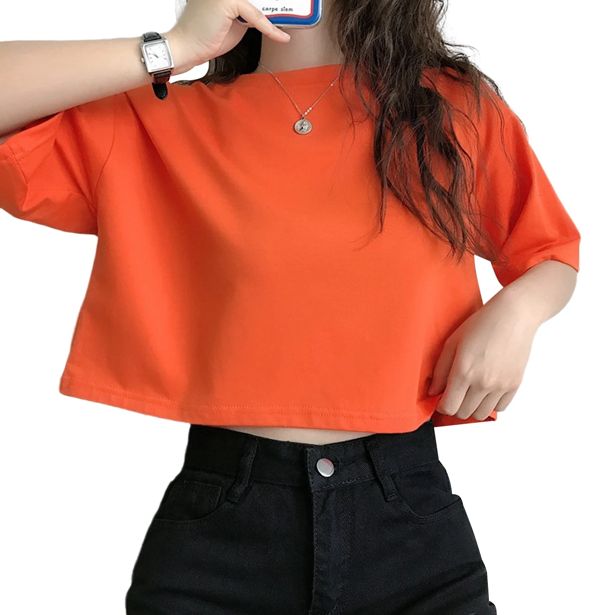 Футболка женская с круглым вырезом Модный повседневный свободный кроп топ