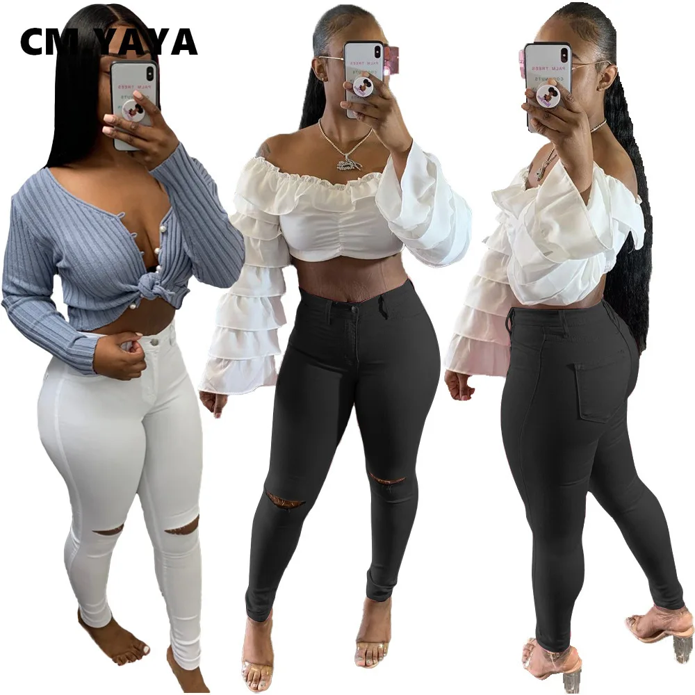 

Женские рваные брюки-карандаш CM.YAYA, узкие винтажные брюки с дырками в уличном стиле