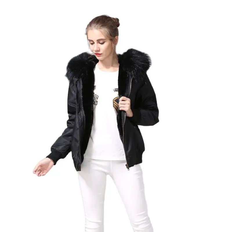 Black Bomber Jacket With Faux Fur Lined Raccoon Hoodies Mrs Flight Short | Женская одежда