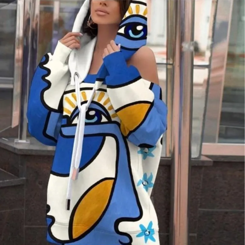 

Женский свитшот средней длины, синий флисовый свитшот с принтом и воротником-лодочкой, уличная одежда с капюшоном и рукавами «летучая мышь»...