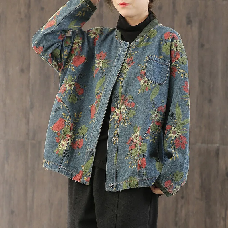 Винтажная женская джинсовая куртка весенний джинсовый кардиган с цветочным