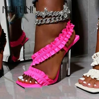 2021 summer 3 color square toe womens sandals elastic band peep toe high heels plus35 42 metal plating heel women lace sandals