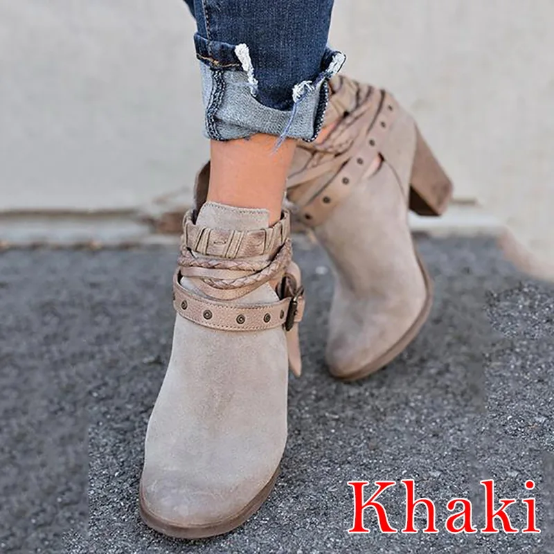 khaki-2 MoneRffi/Новинка года; ботинки в байкерском стиле с пряжкой; женские ботильоны в британском стиле; ботильоны на низком каблуке в стиле панк; зимняя женская обувь размера плюс - Цвет: khaki-2
