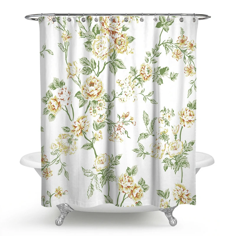 

Yellow Little Flowers White Shower Curtain Set with 12 Hooks Bathroom Decoration