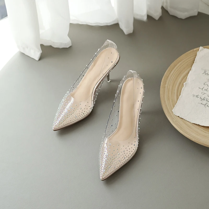 

Olomm Handmade Women Rhinestone Pumps Stiletto Heels Pumps Pointed Toe Gorgeous Nude Party Evening Shoes Women US Size 4-10.5