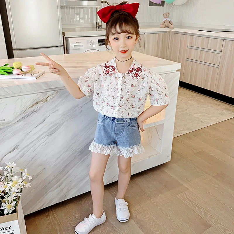 Рубашка с цветочным рисунком для девочек джинсовые шорты комплект из двух