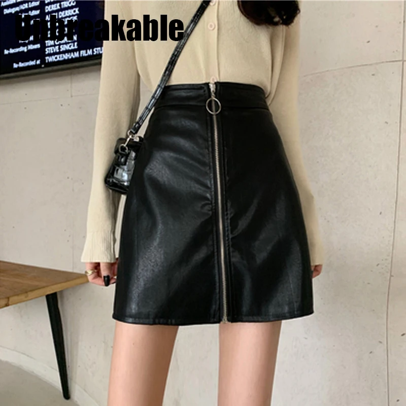 

Unbreakable 2020 Spring Summer Casual PU Leather Skirt Women Elegant Zipper Mini A-Line Skirt Lady Skinny High Waist Skirt Black