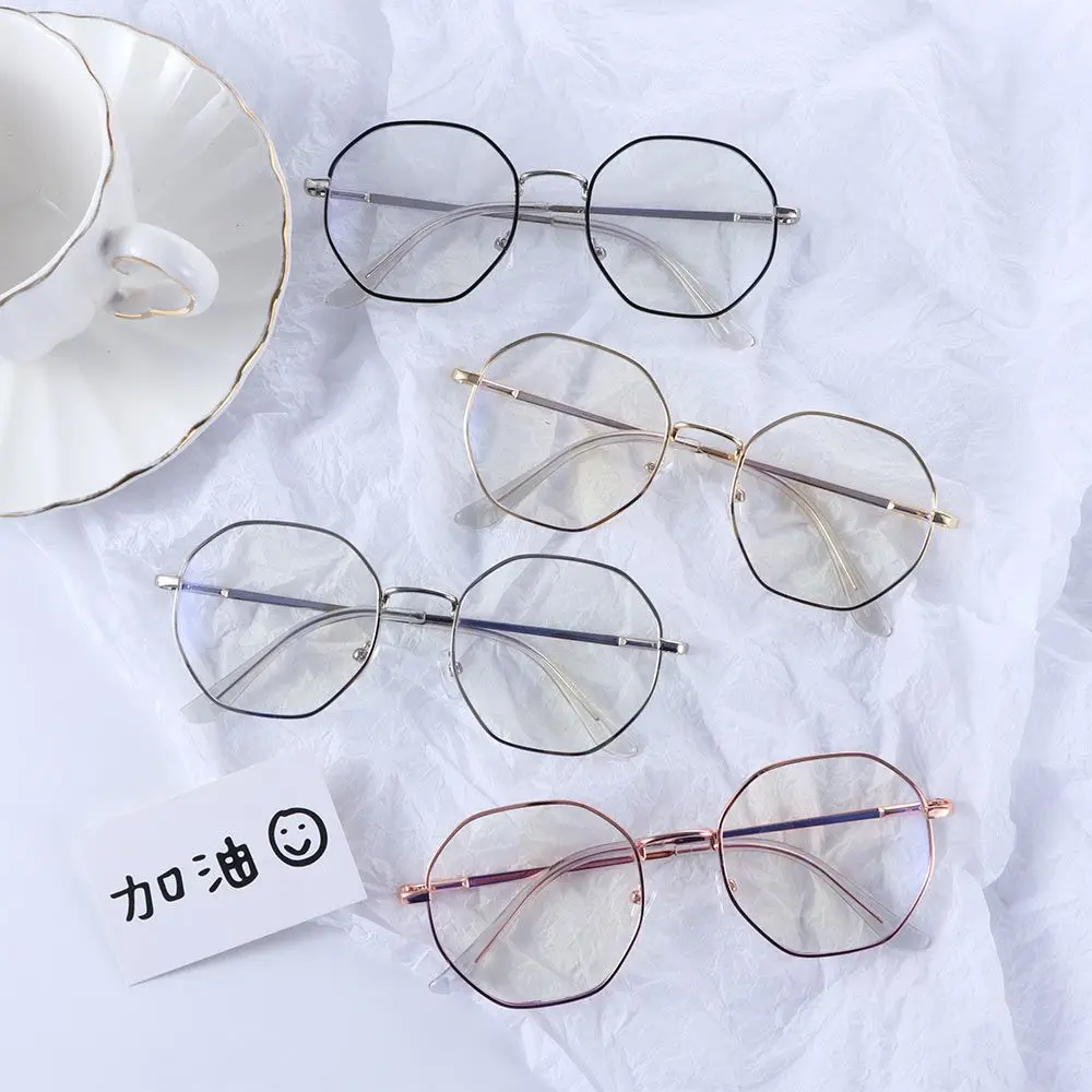

Retro Trendy Women Office Anti Blue Light Glasses Creative Octagonal Alloy Frame Flat Spectacle Eyewear Ultralight