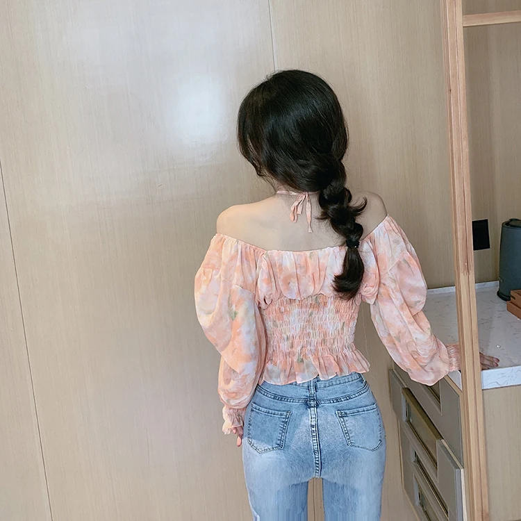 

Chiffon Print Autumn Off Shoulder Shirts Sexy Women's Clothing Fashion Brand Crop Top Blouses Slash Neck Blusas Mujer De Moda