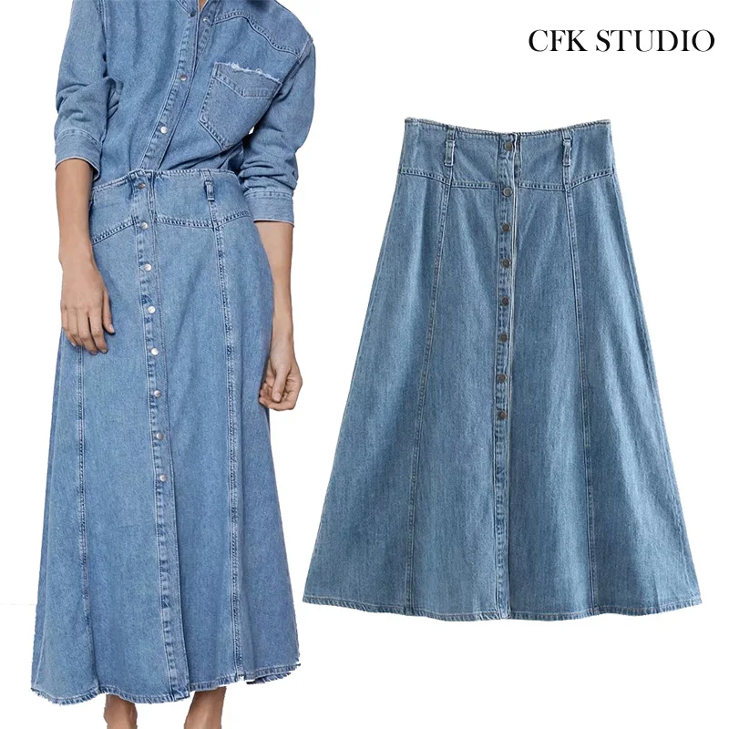 ZA Женская джинсовая миди юбка 2019 Новая мода Высокая талия пуговицы элегантные